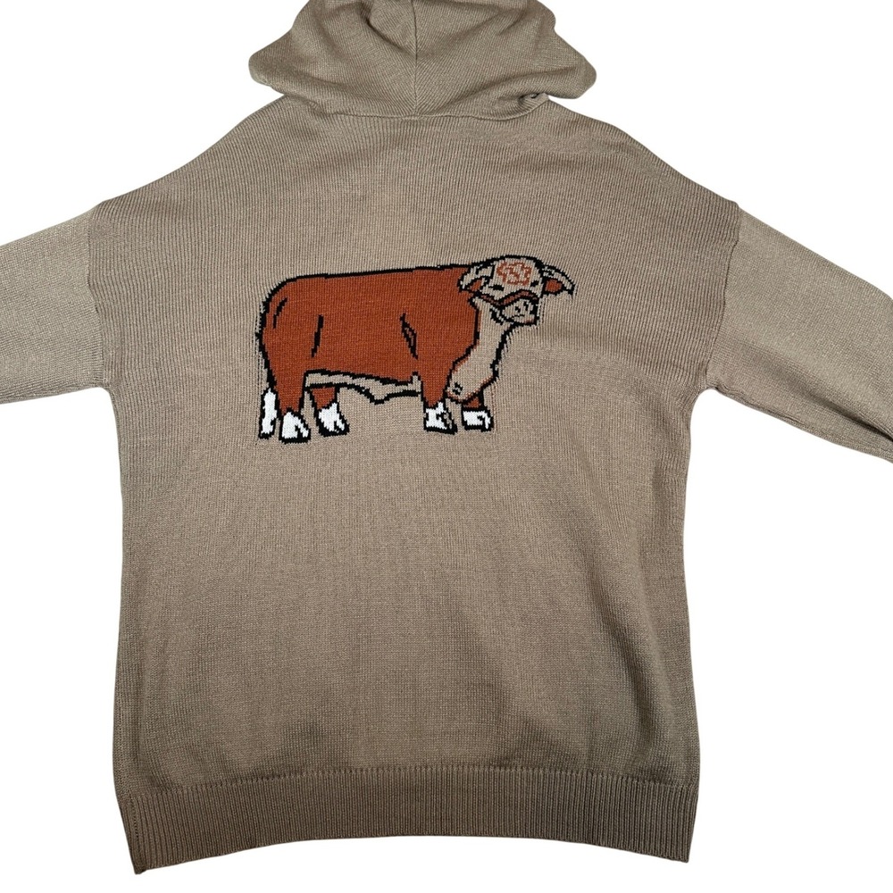 Two 2 Fly‎ Womens 2X Hereford Bull Graphic Knit Zip Up Hoodie Sweater Tan NWT